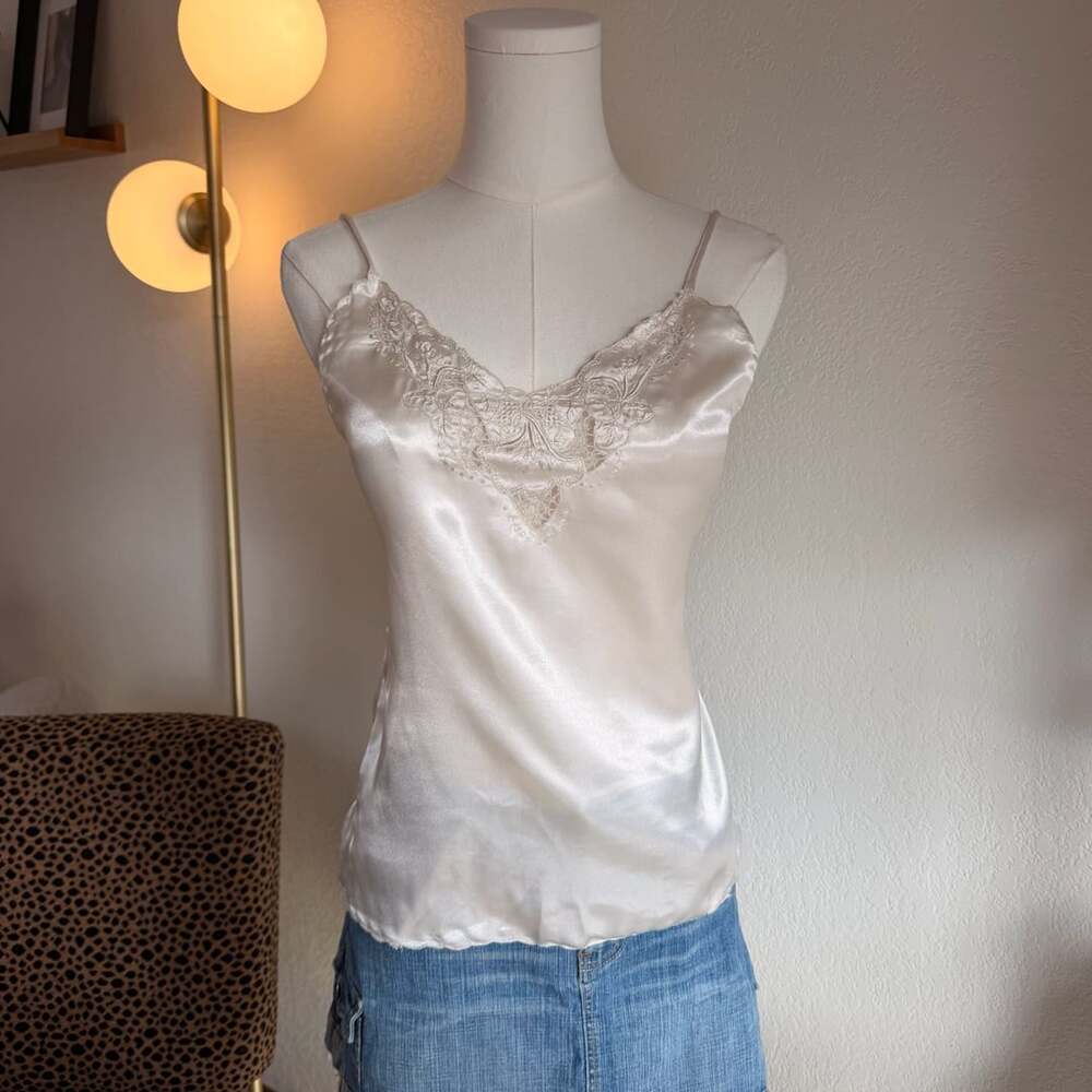 Diana Hand Embroidered Camisole Size M Ivory Satin Lace Vintage